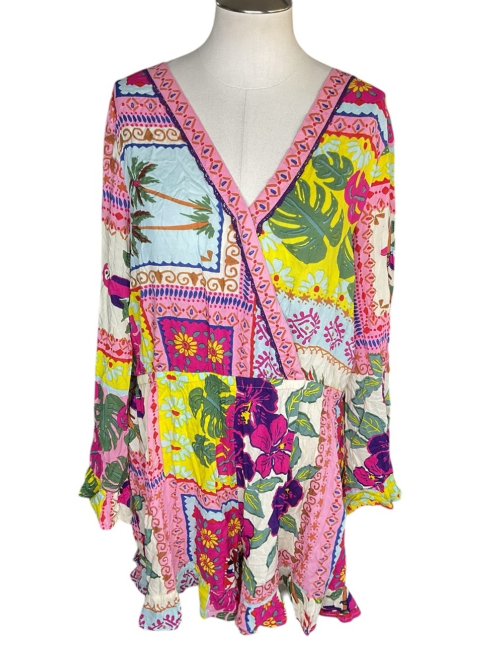 Dotti Tropical Romper XL Boho Patchwork Floral Beach Vacation Bright - Picture 2 of 7